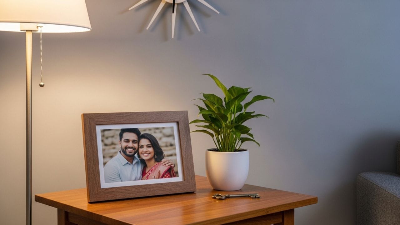 પતિ-પત્નીનો ફોટો મંદિર, ટોયલેટ અથવા બાથરૂમની નજીક કે સામે લગાવવો યોગ્ય માનાતો નથી. માન્યતા મુજબ, આવી જગ્યાએ ફોટો રાખવાથી ઘરમાં તણાવ અને મતભેદ વધી શકે છે, તેથી ફોટો મૂકતા પહેલાં યોગ્ય સ્થાન પસંદ કરવું જરૂરી છે. ( Credits: AI Generated )