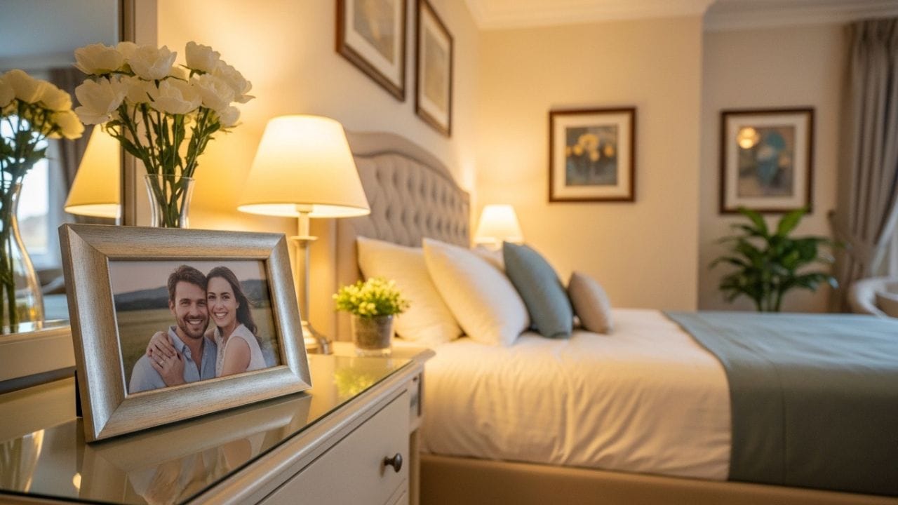 બેડરૂમમાં પતિ-પત્નીનો ફોટો મૂકતા સમયે તેને પલંગની સીધી સામે ન રાખવો જોઈએ. વાસ્તુ મુજબ, આવું કરવાથી સંબંધોમાં અસ્થિરતા આવી શકે છે. ઉપરાંત, ફોટો અરીસામાં દેખાય એવી રીતે મૂકવો પણ ટાળવો, કારણ કે તેને નકારાત્મક ઉર્જા વધારી શકે છે ( Credits: AI Generated ).