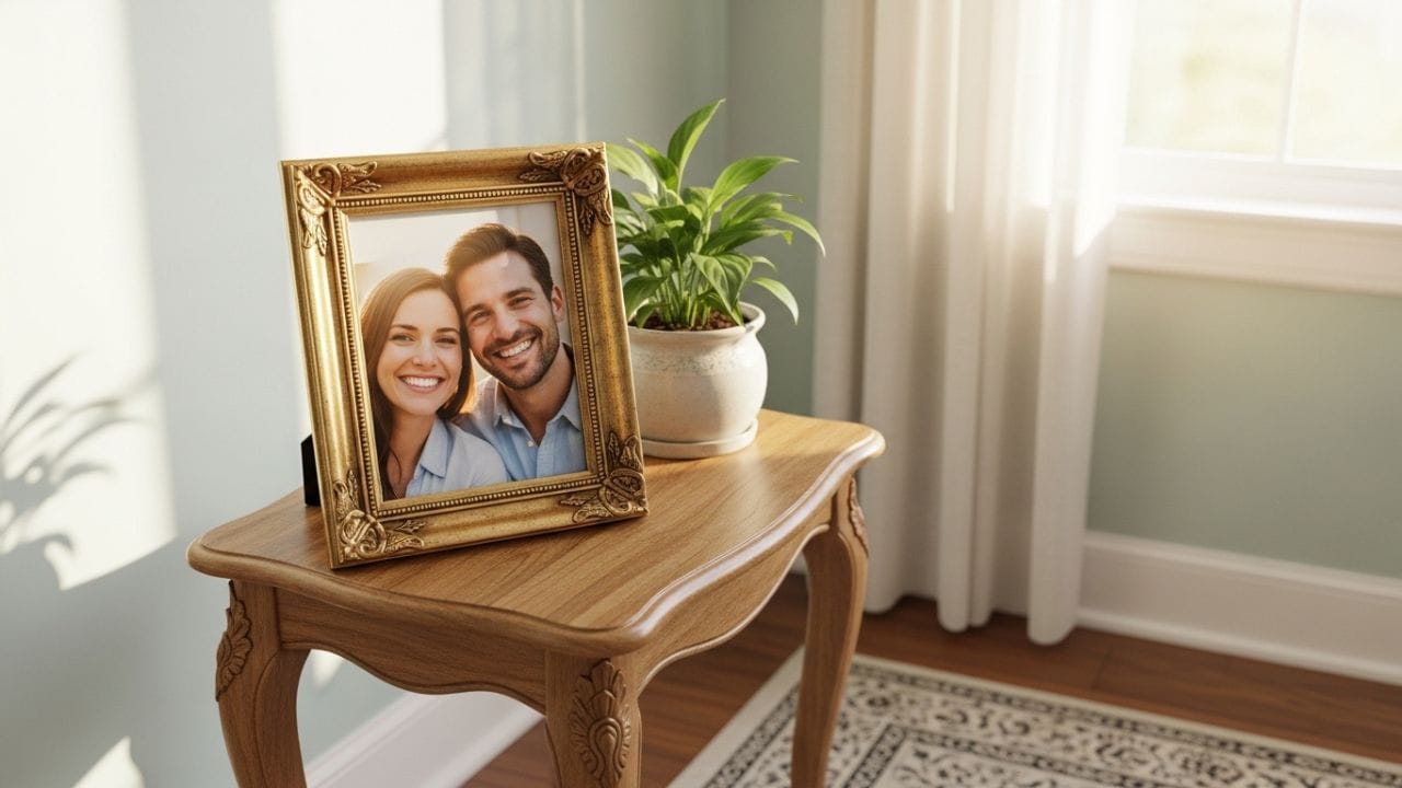 વાસ્તુ મુજબ ઘરની દક્ષિણ-પશ્ચિમ દિશા, જેને દક્ષિણ-પશ્ચિમ ખૂણા તરીકે પણ ઓળખવામાં આવે છે, આ દિશા પતિ-પત્નીનો ફોટો રાખવા માટે સૌથી શુભ ગણાય છે. આ દિશા સ્થિરતા અને મજબૂતીનું પ્રતીક માનવામાં આવે છે, તેથી અહીં હસતો કપલ ફોટો મુકવાથી દાંપત્ય જીવનમાં પ્રેમ, સંતુલન અને વિશ્વાસ વધે છે. ( Credits: AI Generated )