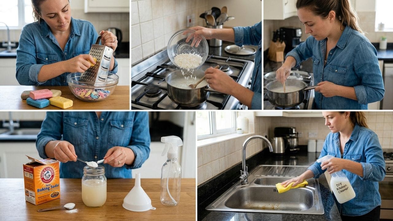બનાવો પાવરફુલ મલ્ટિપર્પઝ ક્લીનર: સાબુના ટુકડાને ફેંકવાને બદલે તેને ભેગા કરીને છીણી લો. ગરમ પાણીમાં આ છીણેલો સાબુ ઓગાળી તેમાં બે ચમચી બેકિંગ સોડા ઉમેરો. આ મિશ્રણને સ્પ્રે બોટલમાં ભરીને કિચન સ્લેબ, સિંક અને ટાઇલ્સ પર જામેલી ચીકાશ સાફ કરવા માટે વાપરો.