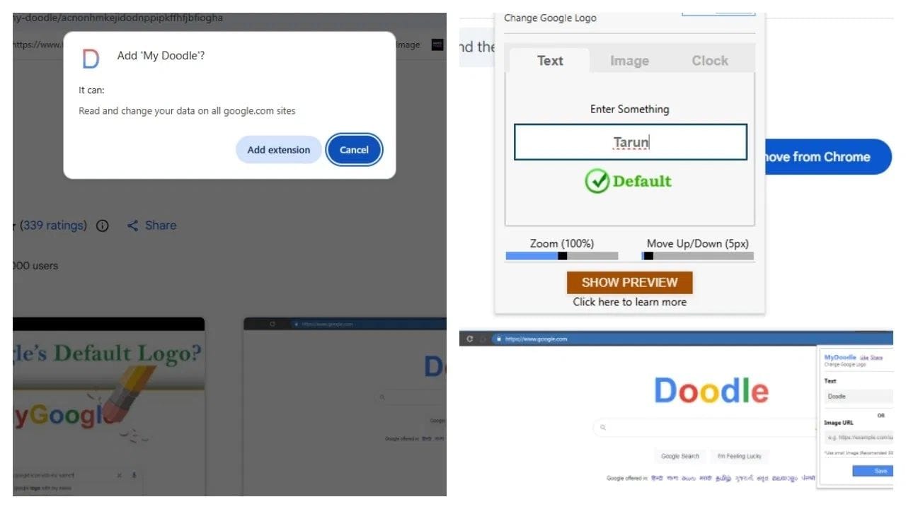 સરળ ભાષામાં સ્ટેપ બાય સ્ટેપ પ્રક્રિયા

સિસ્ટમ પર Chrome  બ્રાઉઝર ખોલો.
આ પછી https://chromewebstore.google.com/ પર જાઓ.
શોધમાં My Doodle શોધો અને Add to Chrome પર ક્લિક કરો. પછી  Add Extension પર ક્લિક કરો.
આ પછી જમણી બાજુએ એક્સટેન્શન આઇકોન પર ક્લિક કરો.


