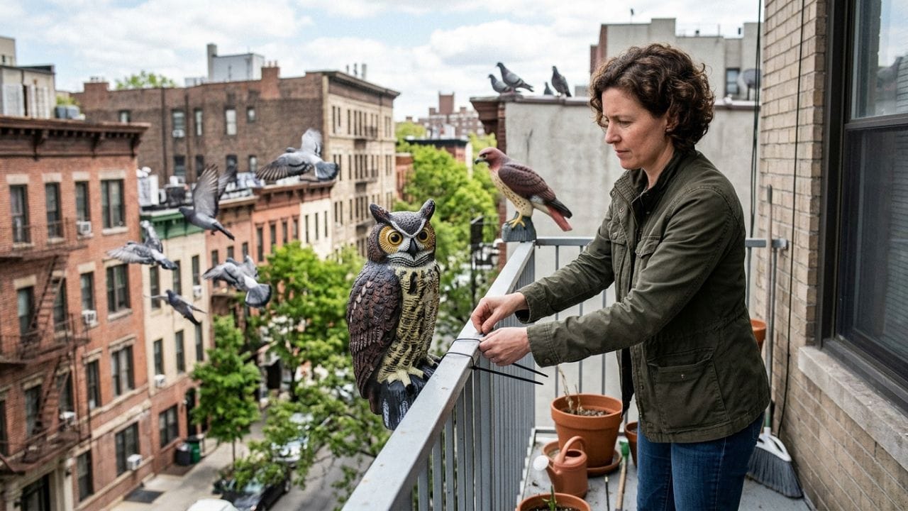 નકલી ઘુવડ કે બાજ - કુદરતી ડર: બજારમાં પ્લાસ્ટિકના નકલી ઘુવડ કે બાજ (Fake Owls/Hawks) મળે છે. તેને બાલ્કનીના કિનારે મુકવાથી કબૂતરોને એવું લાગશે કે ત્યાં શિકારી પક્ષી છે, અને તેઓ ડરના માર્યા ત્યાં નહીં આવે.