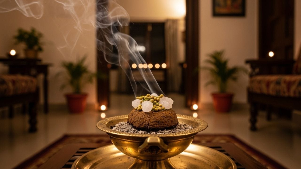 ક્યારેક ઘરમાં કારણ વગર ઝઘડા અને તણાવ વધે છે, જેના કારણે વાતાવરણ  નકારાત્મક બની જાય છે. આવી સ્થિતિમાં, શનિવાર અથવા મંગળવારે સાંજે ગાયના છાણને સળગાવી તેમાં થોડો અજમો અને કપૂર નાખીને તેનું ધૂપ આખા ઘરમાં ફેરવવામાં આવે તો વાસ્તુ મુજબ નકારાત્મકતા ઘટે છે અને ઘરમાં શાંતિ અને પ્રેમ વધે છે. ( Credits: AI Generated )