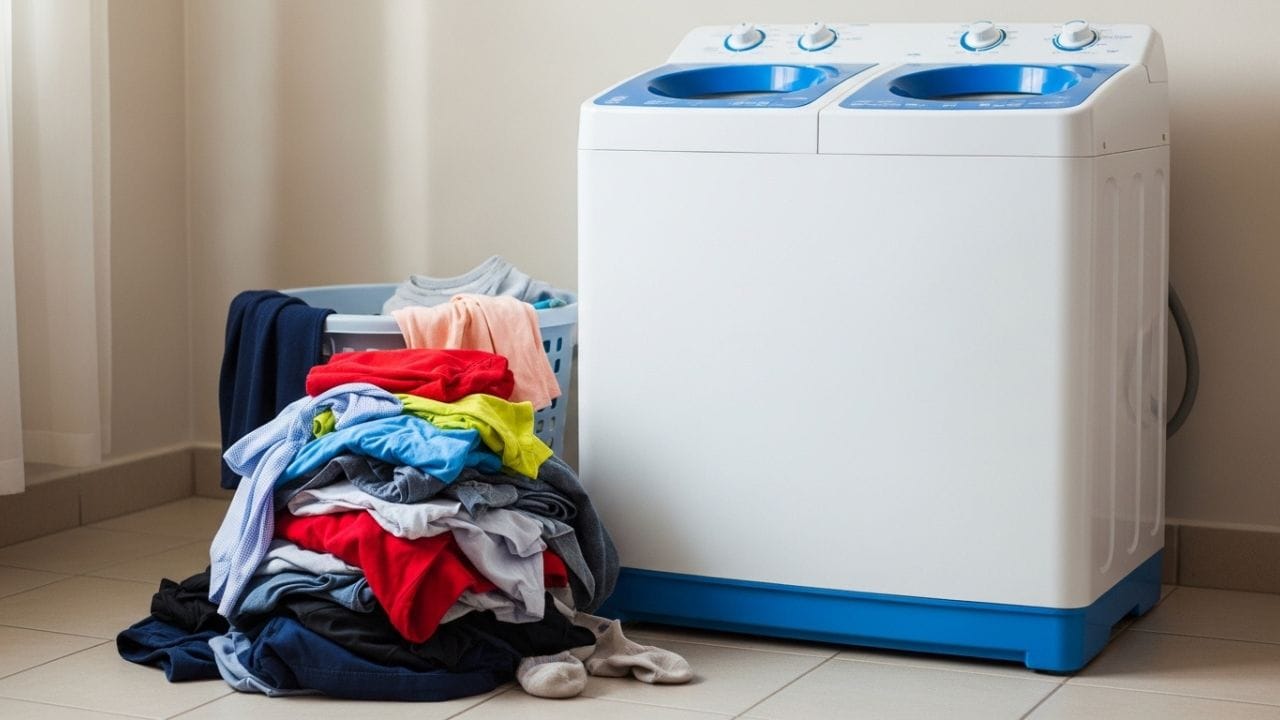 બીજી તરફ સેમી-ઓટોમેટિક વોશિંગ મશીનમાં બે અલગ ટબ હોય છે. એક ટબમાં કપડાં ધોવામાં આવે છે અને બીજા ટબમાં તેને સુકવવામાં આવે છે. તેમાં વપરાશકર્તાને પાણી જાતે ભરવું પડે છે અને કેટલીક પ્રક્રિયાઓ હાથથી કરવી પડે છે. (Image Credit Source: AI)
