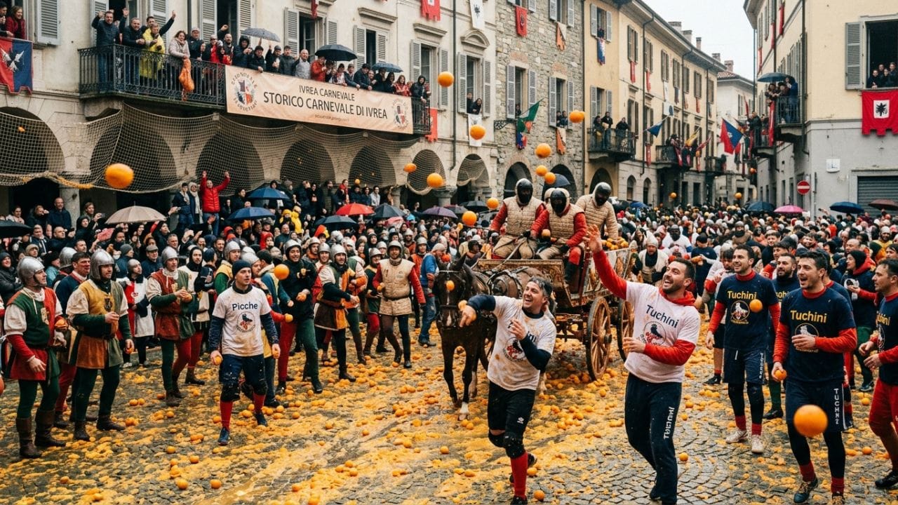બેટલ ઓફ ધ ઓરેન્જિસ (ઈટાલી - Battle of the Oranges): ઈટાલીના ઇવ્રિયા શહેરમાં 1808થી આ પરંપરા ચાલી આવે છે. અહીં લોકો એકબીજા પર લગભગ 400 ટન સંતરા ફેંકે છે. હસી-મજાક અને તોફાન આ તહેવારને હોળી જેવો જ જોશીલો બનાવે છે.