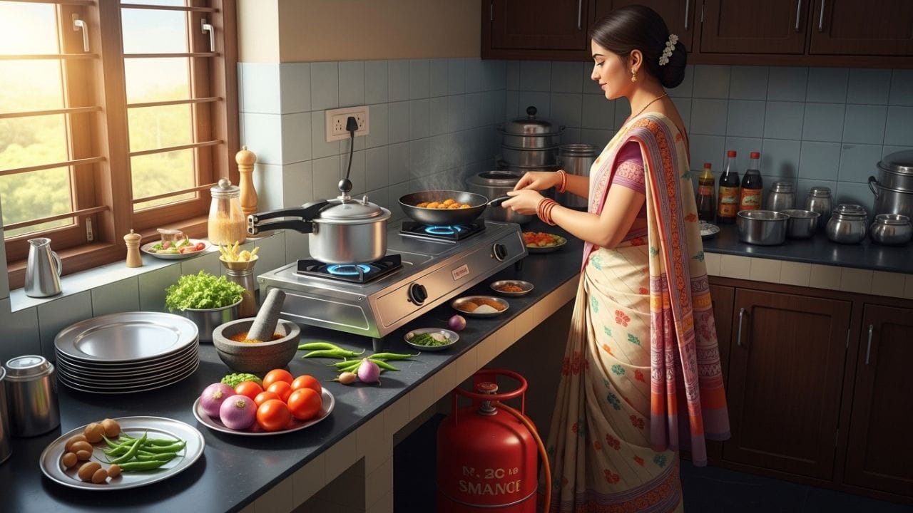 આજના સમયમાં ભારતના મોટાભાગના ઘરોમાં રસોઈ બનાવવા માટે LPG ગેસનો ઉપયોગ થાય છે. ગેસ સિલિન્ડરથી રસોઈ કરવી સરળ, ઝડપી અને સ્વચ્છ માનવામાં આવે છે. (Image Credit Source: AI)
