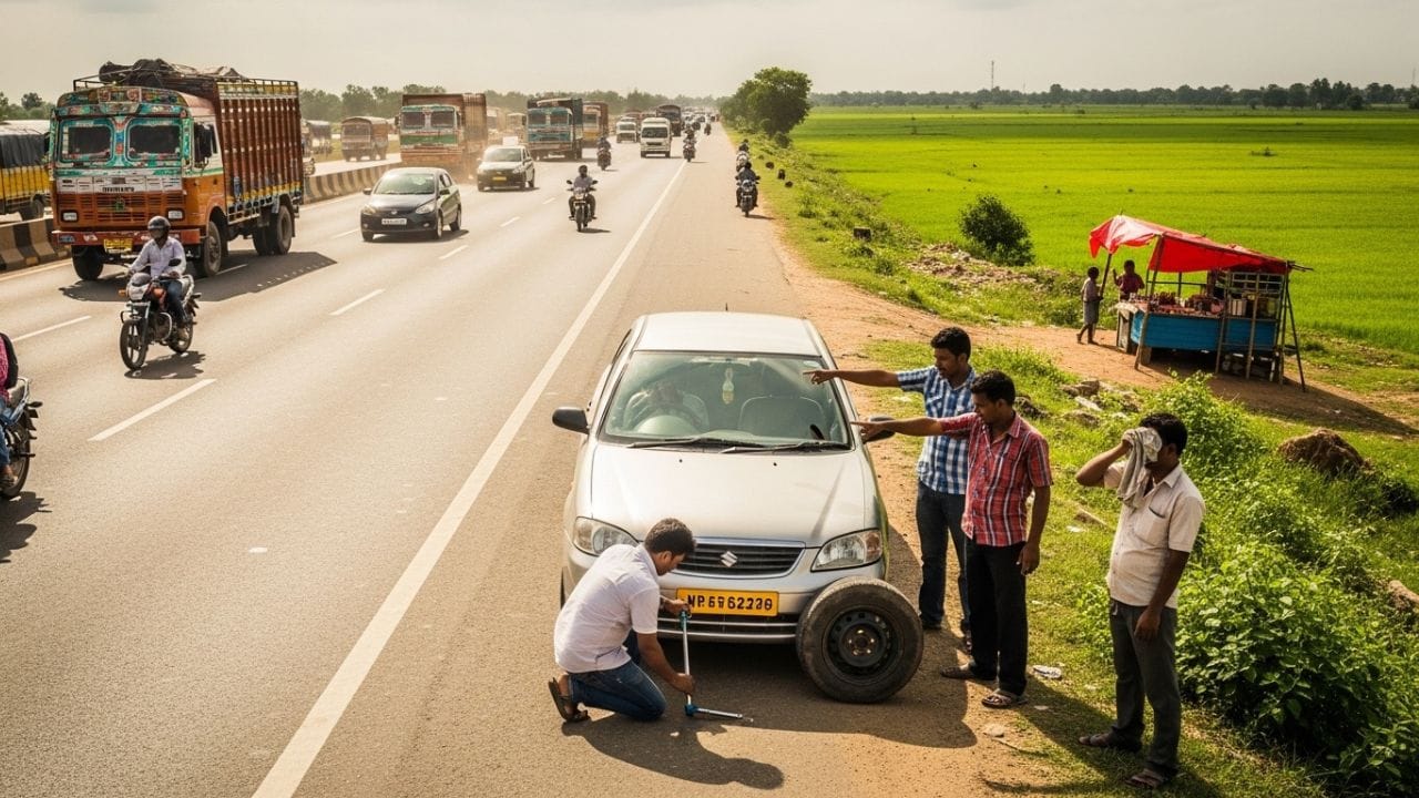ભારતમાં ઉનાળામાં તાપમાન ઘણી વખત 40°Cથી વધુ થઈ જાય છે, જેના કારણે રસ્તા પણ ખૂબ ગરમ થઈ જાય છે. આવી ગરમીમાં કાર લાંબા સમય સુધી ચાલે તો ટાયરમાં ગરમી વધે છે. તેના કારણે હવાનું દબાણ વધી જાય છે અને રબર નરમ પડી શકે છે. જો ટાયર પહેલેથી જૂનું કે વધારે ઘસાયેલું હોય તો તે ફાટવાની શક્યતા વધી જાય છે. ( Credits: AI Generated )