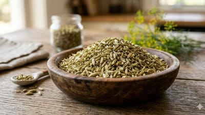 વરીયાળી (Fennel Seeds): ભોજન પછી થોડી વરીયાળી ખાવાથી પાચન સુધરે છે. તેમાં રહેલા તત્વો પેટમાં બનતો ગેસ ઘટાડે છે અને મોઢામાં તાજગી પણ આપે છે. (Photo-Google Gemini, AI Generated) 