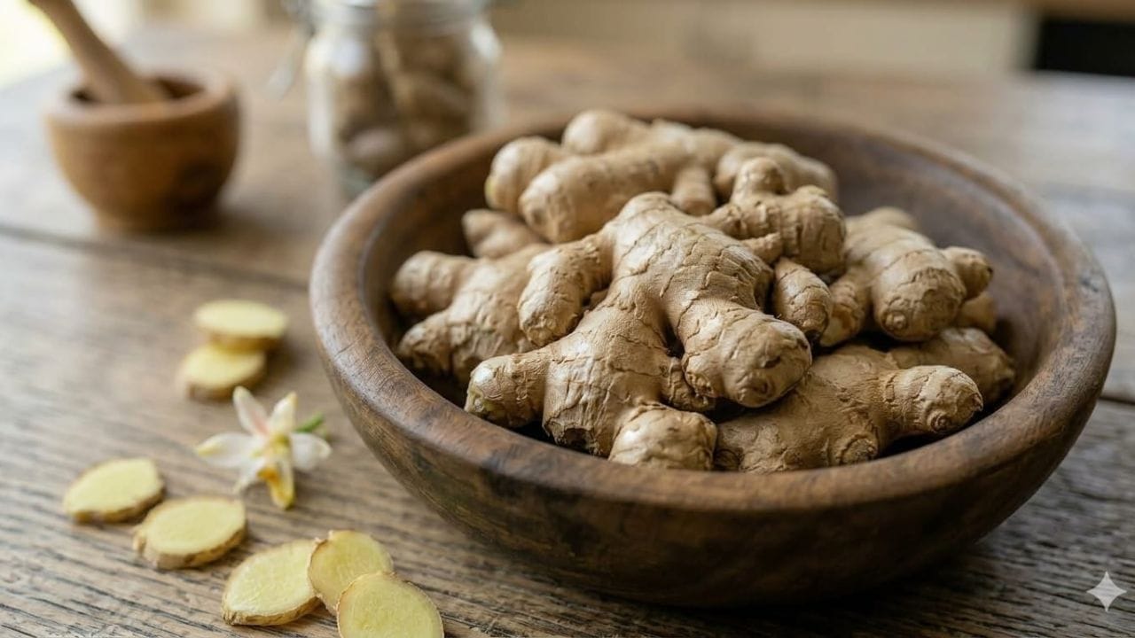 આદુ (Ginger): આદુનો નાનો ટુકડો અથવા આદુ-લીંબુ મીઠું સાથે ખાવાથી પાચન ક્રિયા ઝડપી બને છે અને પેટનું ભારેપણું ઓછું થાય છે. (Photo-Google Gemini, AI Generated)