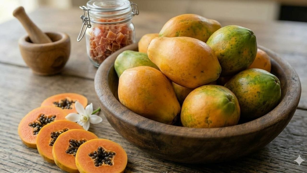 પપૈયું (Papaya): પપૈયામાં પપેઇન નામનું એન્ઝાઇમ હોય છે જે ખોરાકને ઝડપથી પચાવવામાં મદદ કરે છે. ભોજન પછી થોડું પપૈયું ખાવું ફાયદાકારક છે.(Photo-Google Gemini, AI Generated)