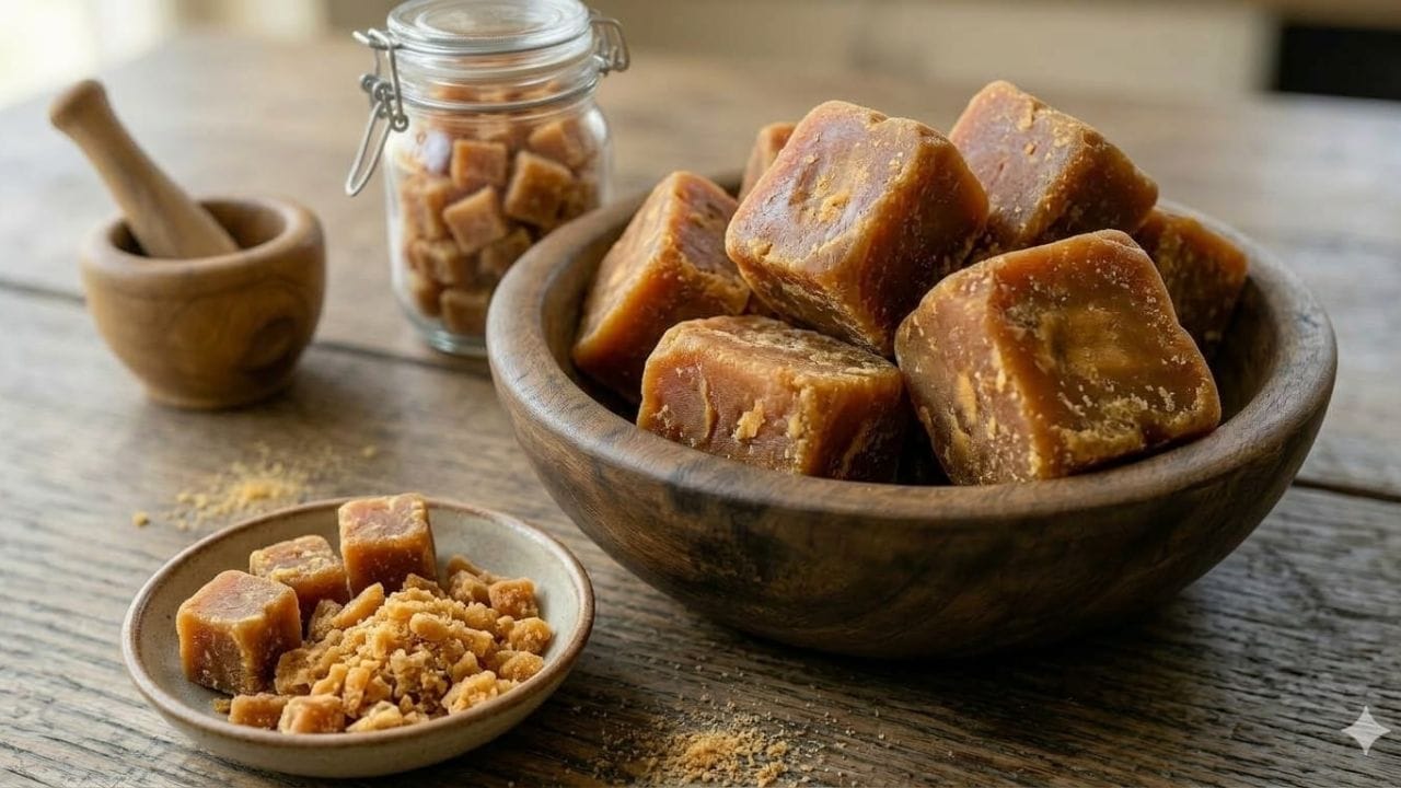 ગોળ (Jaggery): ભોજન પછી નાનો ટુકડો ગોળ ખાવાથી પાચન પ્રક્રિયા સક્રિય થાય છે અને પેટ સાફ રહેવામાં મદદ મળે છે. (Photo-Google Gemini, AI Generated)