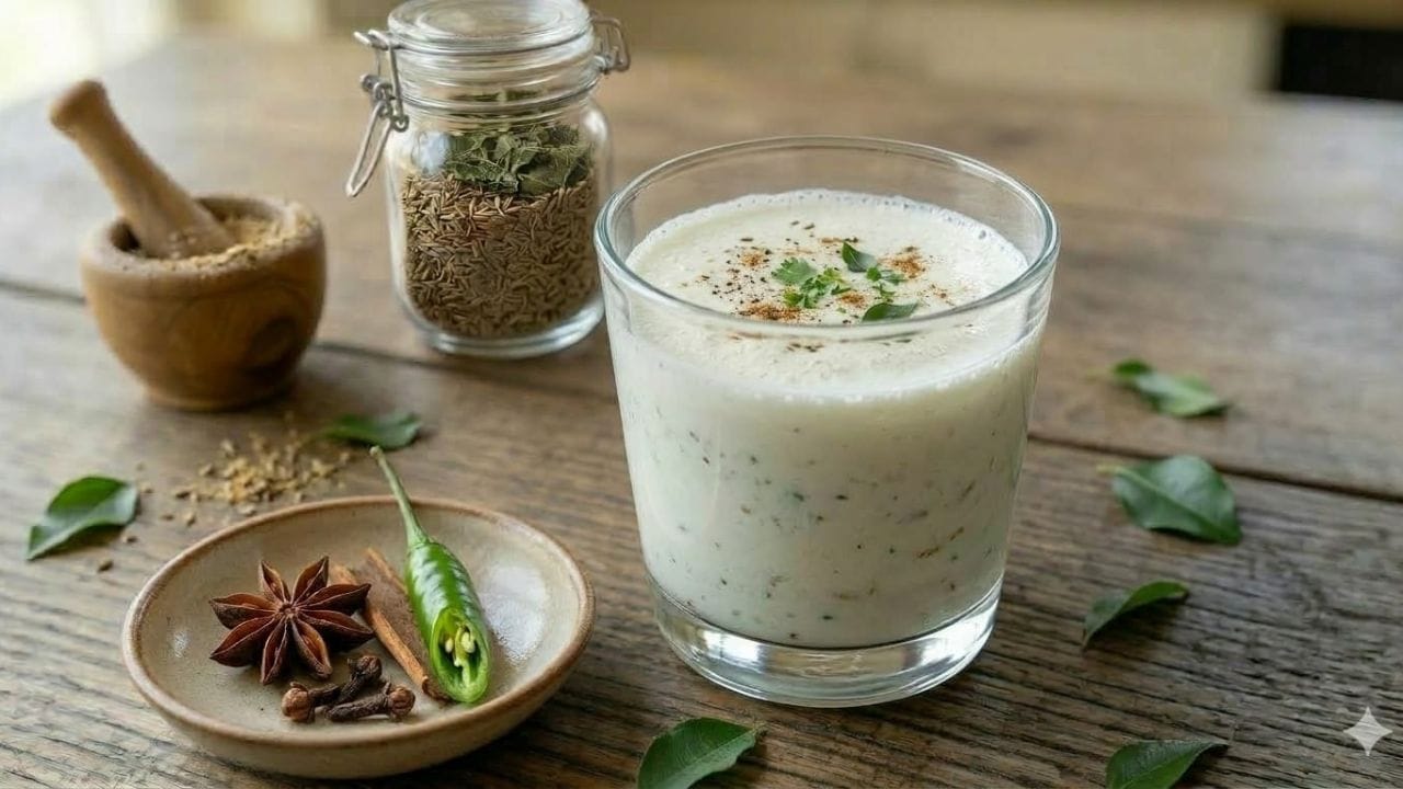 છાશ (Buttermilk): ભોજન પછી એક ગ્લાસ છાશ પીવાથી પાચન સરળ બને છે. તેમાં રહેલા પ્રોબાયોટિક્સ પેટના સારા બેક્ટેરિયાને વધારવામાં મદદ કરે છે.(Photo-Google Gemini, AI Generated)