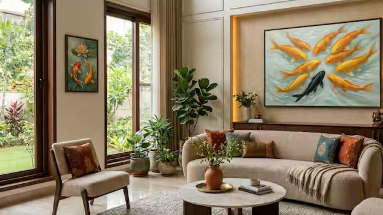 ઘરમાં સોનાની માછલીનું ચિત્ર મૂકવું વાસ્તુ દ્રષ્ટિકોણથી શુભ માનવામાં આવે છે. ખાસ કરીને આઠ માછલીઓનો સમૂહ, જેમાં 7 સોનાની માછલી અને 1 કાળી માછલીનો સમાવેશ થાય છે, તે ઘરમાં સકારાત્મક ઉર્જા અને સંતુલન લાવવામાં મદદ કરે છે.
