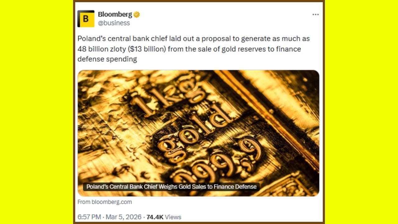 રિપોર્ટ અનુસાર, પોલેન્ડની સેન્ટ્રલ બેંક પોતાના ગોલ્ડ રિઝર્વનો કેટલોક હિસ્સો વેચીને અંદાજે 13 અબજ ડોલર એકત્ર કરવાની યોજના બનાવી રહી છે. આ પ્રસ્તાવ પોલેન્ડની સેન્ટ્રલ બેંકના ગવર્નર એડમ ગ્લાપિન્સ્કીએ દેશના રાષ્ટ્રપતિ કારોલ નાવરોકી સાથેની બેઠકમાં રજૂ કર્યો હતો.