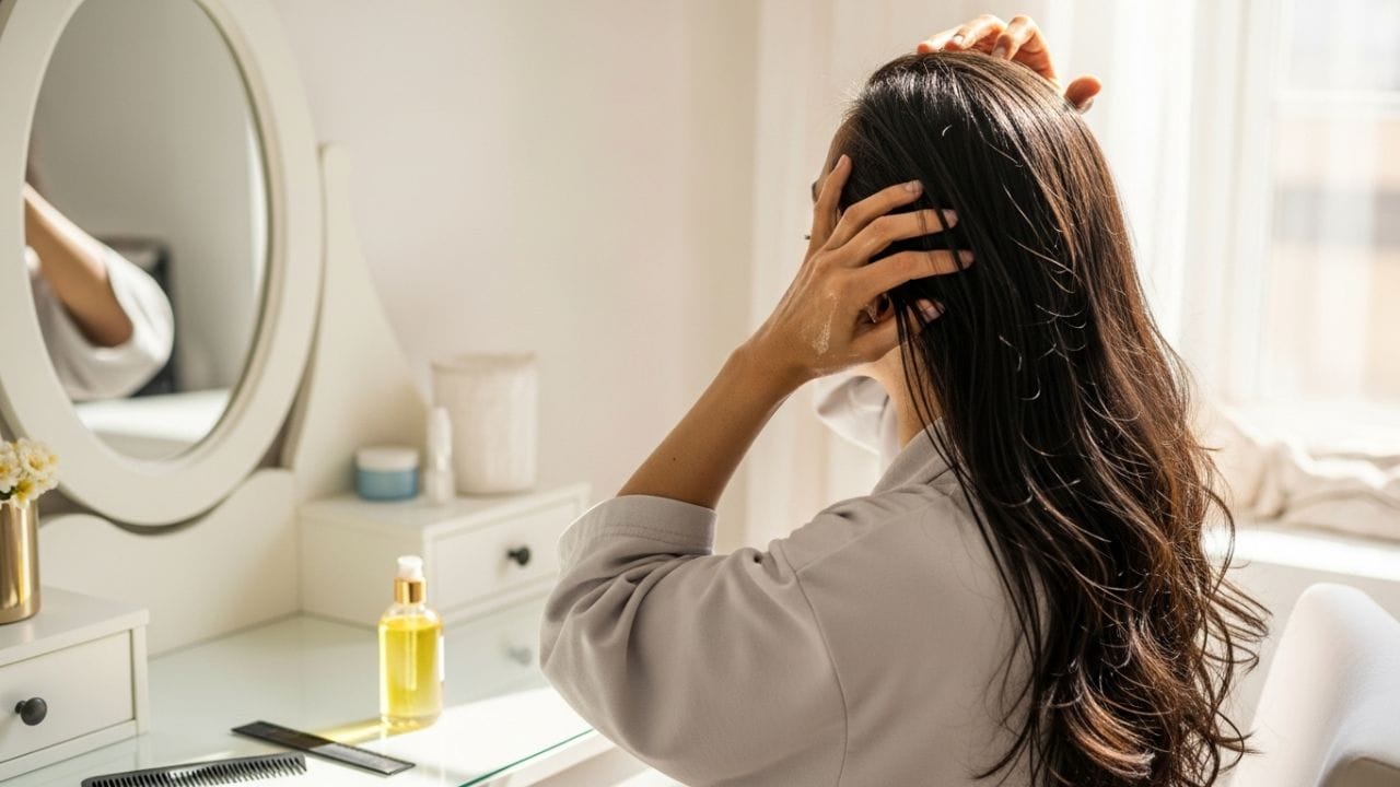 ઘણા લોકો સ્નાન કર્યા પછી તરત જ ભીના વાળમાં તેલ લગાવવાની ભૂલ કરે છે; જોકે, આ પ્રથા યોગ્ય માનવામાં આવતી નથી. ભીના વાળમાં તેલ લગાવવાથી ધૂળ અને ગંદકી વધુ સરળતાથી ચોંટી શકે છે, અને તે માંથા ઉપરની ચામડીમાં ભેજને બનાવી શકે છે, જેના કારણે ખોડો અથવા ફંગલ ચેપનું જોખમ વધી જાય છે.  (ફોટો ક્રેડિટ-whisk AI)