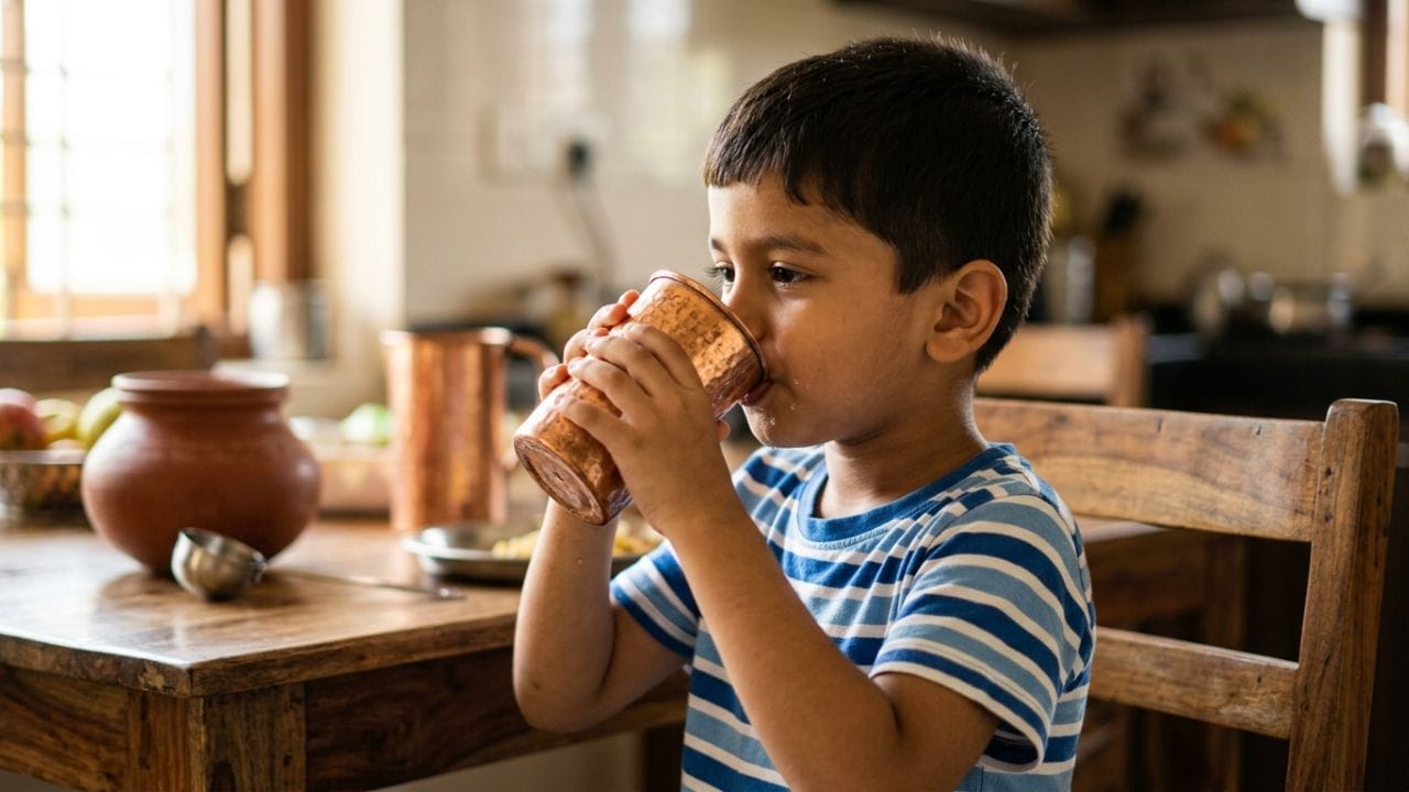 4. પાચન: નાના બાળકોએ પણ તાંબાના વાસણનું પાણી ન પીવું જોઈએ. સવારે ખાલી પેટે તાંબાના પાણીને પચાવવામાં શરીરને ખૂબ મહેનત પડે છે અને બાળકોની પાચનશક્તિ (જઠરાગ્નિ) એટલી તીવ્ર હોતી નથી કે, તે તેને સહન કરી શકે.