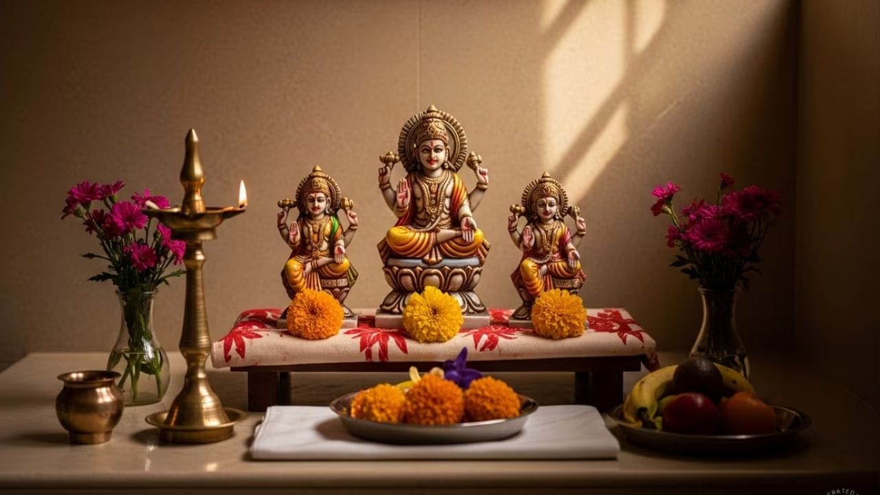 પૂજા સ્થળ સાથે સંકળાયેલા ચોક્કસ માર્ગદર્શિકા પણ છે જેનું કડક પાલન કરવું આવશ્યક છે. લોકો ઘણીવાર એક ચોક્કસ પ્રશ્ન અંગે મૂંઝવણ અનુભવે છે: ઘરના મંદિરમાં કેટલી મૂર્તિઓ રાખવી જોઈએ? આજે, આપણે આ વિષય પર વિગતવાર ચર્ચા કરીશું. આપણે એ પણ શોધીશું કે ઘરના પૂજા સ્થળમાં કઈ મૂર્તિઓ ન રાખવી જોઈએ, અને મૂર્તિઓ મૂકવા અંગેનો સાચો પ્રોટોકોલ શું છે. (ફોટો ક્રેડિટ-AI)