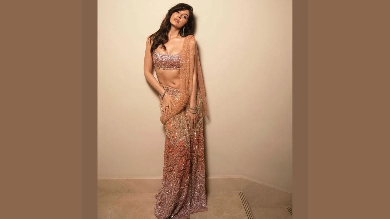 પીચ રંગના સિક્વિન લહેંગામાં તેઓ ગ્લેમરસ અંદાજમાં જોવા મળે છે. બ્રેલેટ-સ્ટાઇલ બ્લાઉઝ અને ફિશ-કટ ફ્લોઇંગ લહેંગા આઉટફિટને આધુનિક અને સ્ટાઇલિશ બનાવે છે. સોફ્ટ વેવ્સ, ન્યૂડ મેકઅપ, ગ્લોસી લિપ શેડ અને બોલ્ડ જ્વેલરી સાથેનો લુક કોકટેલ પાર્ટી અથવા રિસેપ્શન માટે યોગ્ય છે.