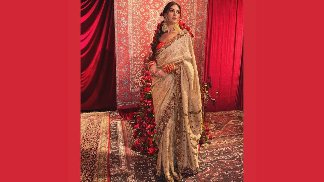 બેજ સાડી સાથે લાલ બ્લાઉઝનું કોમ્બિનેશન પરંપરાગત અને રોયલ અહેસાસ આપે છે. ભારે બોર્ડરવાળી સાડી, ઇયરિંગ્સ, બ્રેઇડેડ હેરસ્ટાઇલ અને બંગડીઓ સાથે દરેક વિગત ભારતીય લુકને પૂર્ણ કરે છે. લગ્ન કે ખાસ કુટુંબ સમારંભ માટે આ લુક શ્રેષ્ઠ પસંદગી બની શકે.