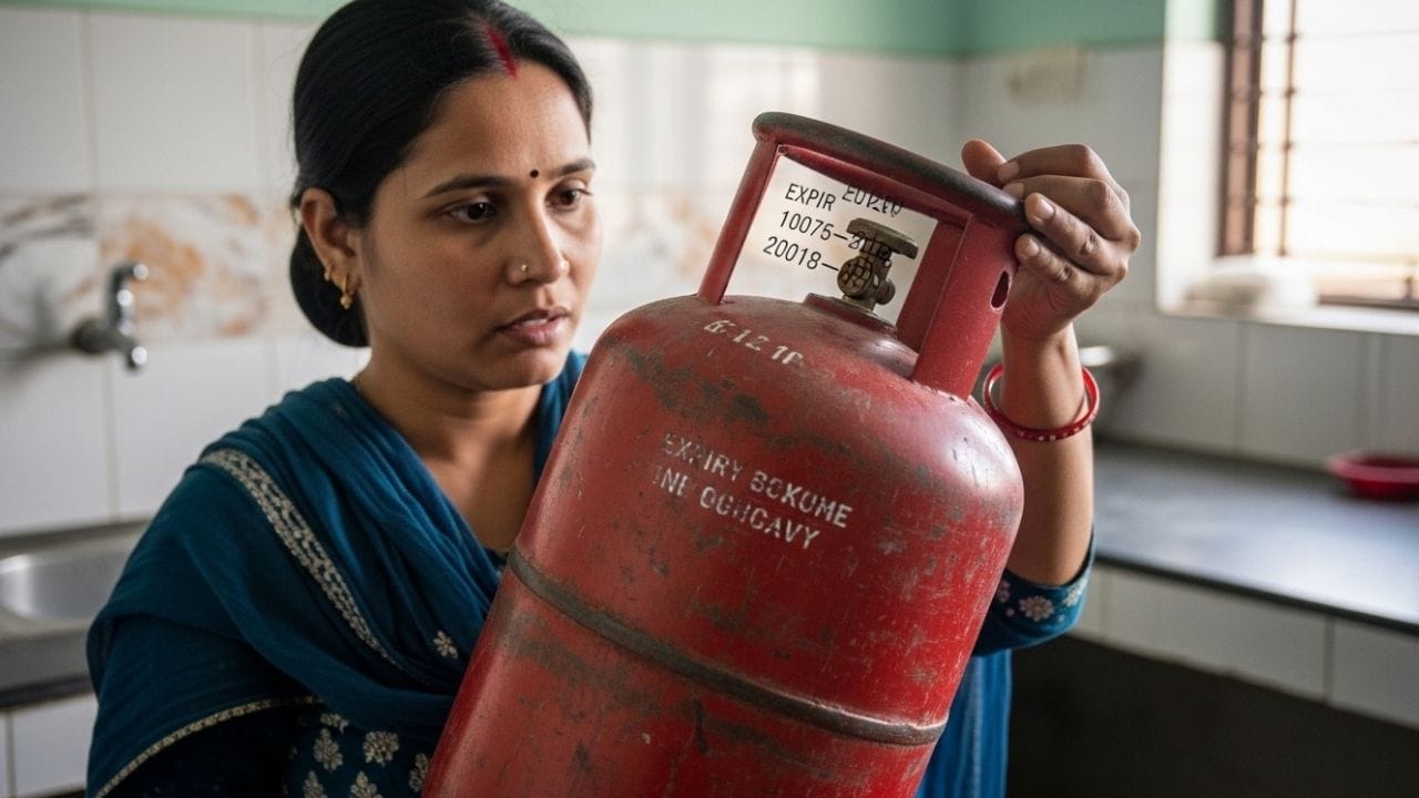 LPG સિલિન્ડરની એક્સપાયરી ડેટ કેવી રીતે તપાસવી? : LPG સિલિન્ડરની એક્સપાયરી ડેટ નક્કી કરવા માટે, તમારે બીજે ક્યાંય જોવાની જરૂર નથી. આ માહિતી સિલિન્ડરની ટોચ પર સ્થિત મેટલ રિંગ (ઉપલા ભાગ) પર સીધી લખેલી છે. સિલિન્ડરમાં A, B, C, અથવા D અક્ષરોમાંથી એક સાથે એક નંબર દર્શાવવામાં આવશે—ઉદાહરણ તરીકે, A-24, B-25, અથવા C-26. આ આલ્ફાન્યૂમેરિક કોડ સમાપ્તિ સ્થિતિ દર્શાવે છે. આ કોડમાં, A, B, C, અને D અક્ષરો વર્ષના ચાર ક્વાર્ટર (ત્રણ મહિનાના અંતરાલ પર આધારિત) દર્શાવે છે, જ્યારે સાથેનો નંબર ચોક્કસ વર્ષ દર્શાવે છે. (ફોટો ક્રેડિટ-Whisk AI)