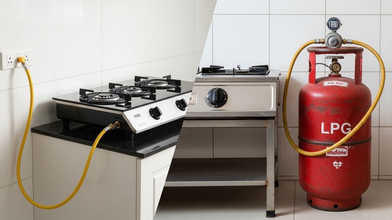 LPG સિલિન્ડર માટે તમને એક સાથે સંપૂર્ણ રકમ ચૂકવવી પડે છે, જ્યારે પાઇપલાઇન ગેસ (PNG) માટે વપરાશ મુજબ દર મહિને બિલ આવે છે. બંનેમાં સુવિધા અને સલામતીની બાબતમાં પણ થોડો તફાવત હોય છે, તેથી ઘર માટે કયો વિકલ્પ વધુ સસ્તો અને અનુકૂળ છે તે સમજવું જરૂરી બને છે. ( Credits: AI Generated )