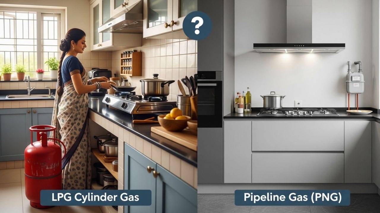 ઘણા સમયે નિયમિત ઉપયોગ માટે પાઇપલાઇન ગેસ (PNG) LPG સિલિન્ડર કરતાં થોડો સસ્તો પડી શકે છે. તેમાં ગેસ ખતમ થવાની ચિંતા પણ રહેતી નથી, કારણ કે ગેસ સીધો ઘરે 24 કલાક ઉપલબ્ધ રહે છે, જ્યારે સિલિન્ડર માટે બુકિંગ કરીને ડિલિવરીની રાહ જોવી પડે છે. ( Credits: AI Generated )