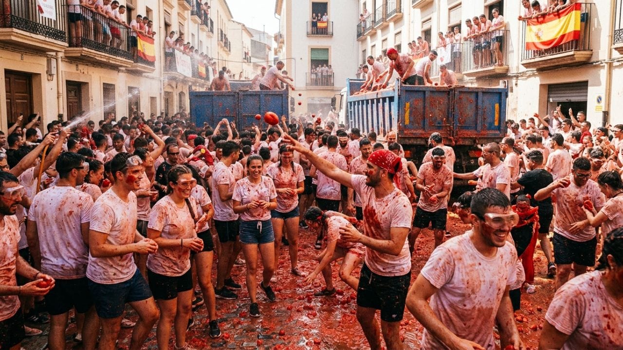લા ટોમેટિના (સ્પેન - La Tomatina): સ્પેનના બુન્યોલ શહેરમાં દર ઓગસ્ટમાં હજારો લોકો એકબીજા પર 100 ટનથી વધુ પાકેલા ટામેટા ફેંકે છે. હોળીની જેમ જ આ તહેવાર પણ તમામ ચિંતાઓ ભૂલીને ખુલીને જીવવાનો અવસર છે.
