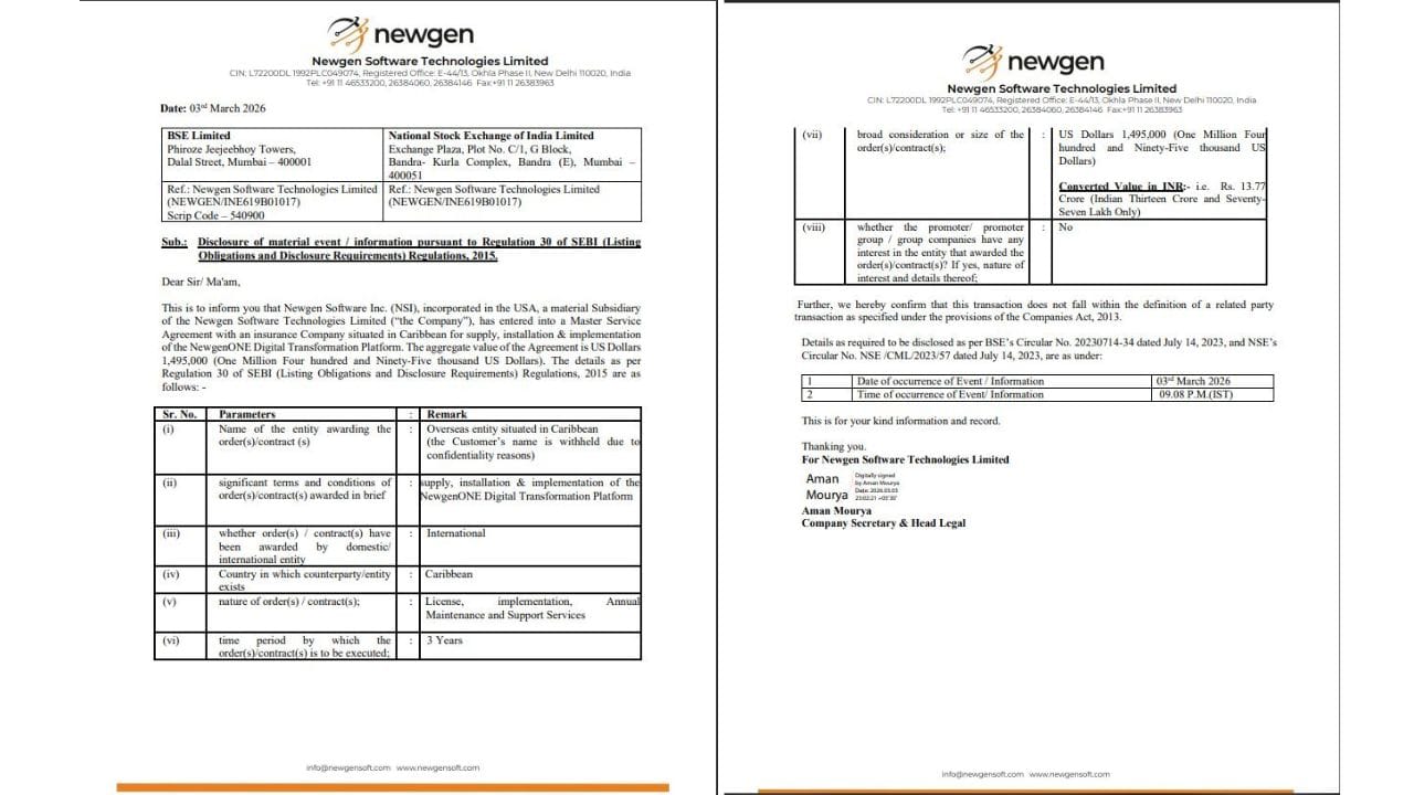 આ એગ્રિમેન્ટ અંતર્ગત NewgenONE ડિજિટલ ટ્રાન્સફોર્મેશન પ્લેટફોર્મની સપ્લાય, ઇન્સ્ટોલેશન અને ઇમ્પ્લીમેન્ટેશન કરવામાં આવશે. સાથે સાથે લાયસન્સ, અમલીકરણ, વાર્ષિક મેન્ટેનન્સ અને સપોર્ટ સર્વિસિસ પણ આપવામાં આવશે. કરારની કુલ કિંમત 1,495,000 અમેરિકી ડોલર (અંદાજે રૂ. 13.77 કરોડ) જેટલી છે, જે કંપની માટે મહત્વપૂર્ણ ઓર્ડર તરીકે ગણાય છે.