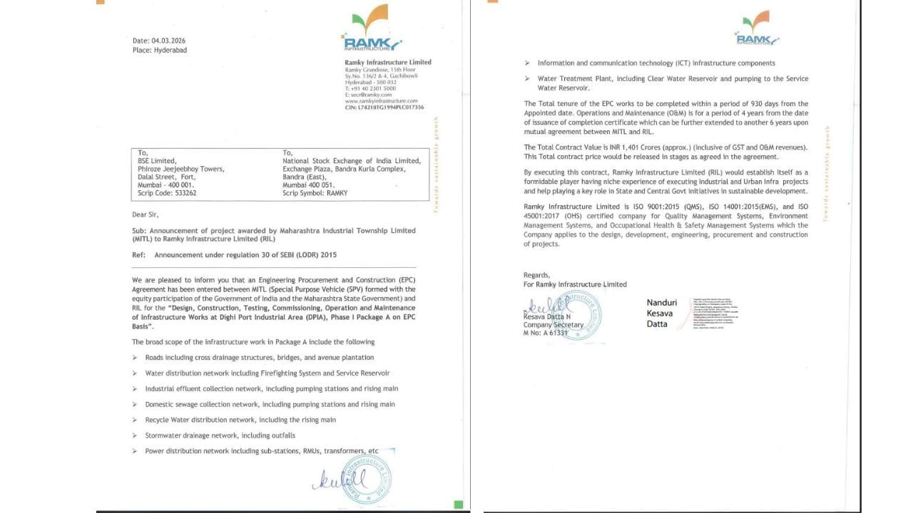 રામકી ઇન્ફ્રાસ્ટ્રક્ચર લિમિટેડને એક મહત્વપૂર્ણ ઈન્ફ્રાસ્ટ્રક્ચર પ્રોજેક્ટ મળ્યો છે. કંપનીએ જાહેર કર્યું છે કે મહારાષ્ટ્ર ઇન્ડસ્ટ્રીયલ ટાઉનશિપ લિમિટેડ (MITL) દ્વારા તેમને ડિઘી પોર્ટ ઇન્ડસ્ટ્રીયલ એરિયા (DPIA) ખાતે ફેઝ-1 પેકેજ A માટે ઈન્જિનિયરિંગ, પ્રોક્યોરમેન્ટ અને કન્સ્ટ્રક્શન (EPC) કરાર મળ્યો છે. આ પ્રોજેક્ટ મહારાષ્ટ્ર રાજ્ય સરકાર અને ભારત સરકારની સહભાગિતાથી બનતા એક મહત્વપૂર્ણ ઔદ્યોગિક વિકાસ પ્રોજેક્ટનો ભાગ છે.