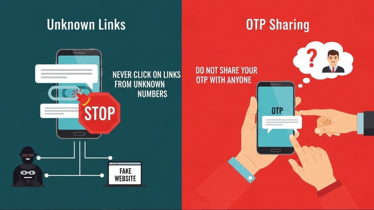 અજાણ્યા નંબર પરથી આવેલા મેસેજમાં આપેલી લિંક્સ પર ક્યારેય ક્લિક ન કરવું જોઈએ, કારણ કે આવી લિંક્સ ખોટી વેબસાઇટ પર લઈ જઈ શકે છે અને તમારી માહિતી ચોરી શકે છે. સાથે જ, તમારો OTP કોઈપણ વ્યક્તિ સાથે શેર ન કરો, ભલે તે પોતાને બેંકનો અધિકારી કહી રહ્યો હોય, કારણ કે આ છેતરપિંડી હોઈ શકે છે. ( Credits: AI Generated )