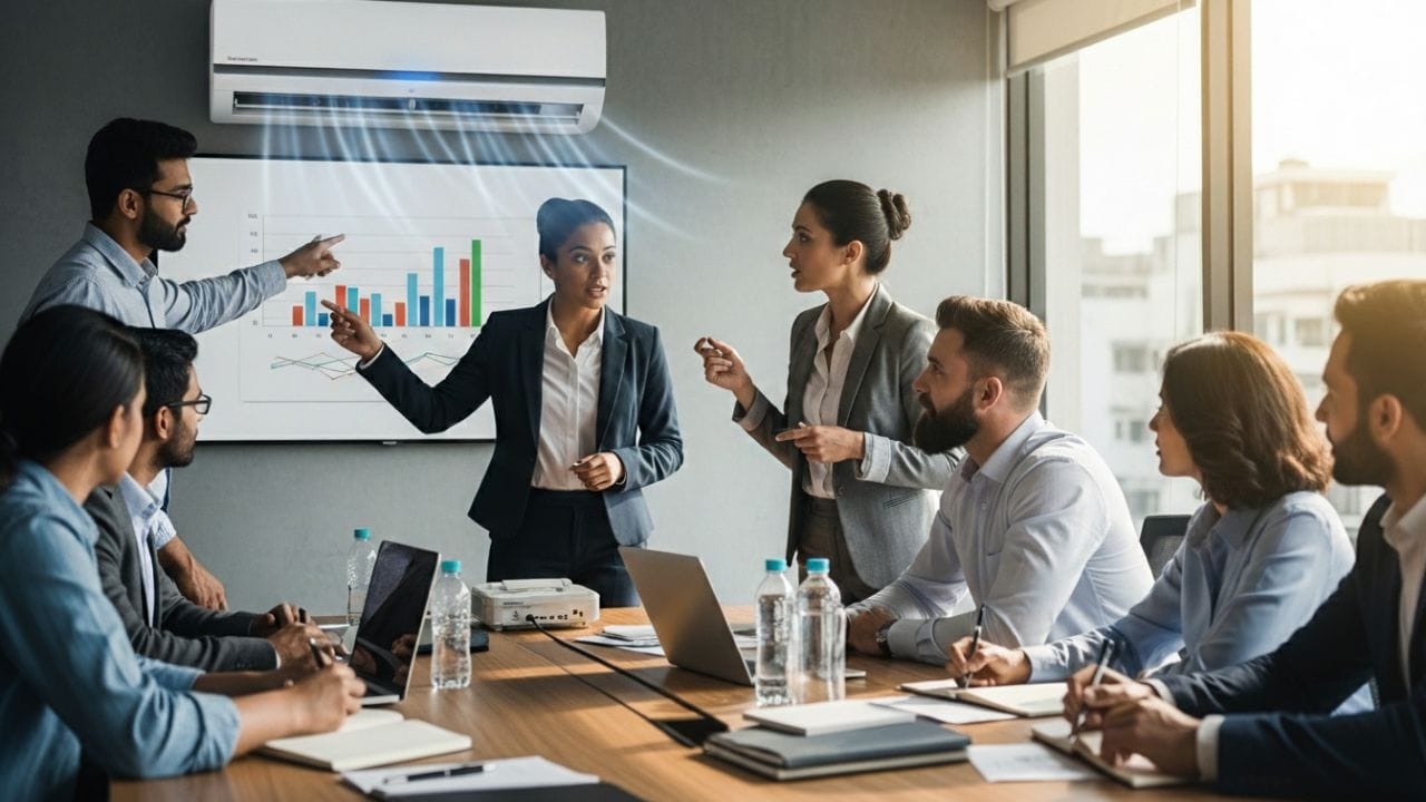 AC નું તાપમાન 24°C થી 26°C (75°F થી 78°F) વચ્ચે રહેવું જોઈએ. આ તાપમાન તમને આરામદાયક વાતાવરણ આપે છે, સાથે જ વીજળીની બચત માટે પણ ઉત્તમ છે. (Image Credit Source: Whisk AI)