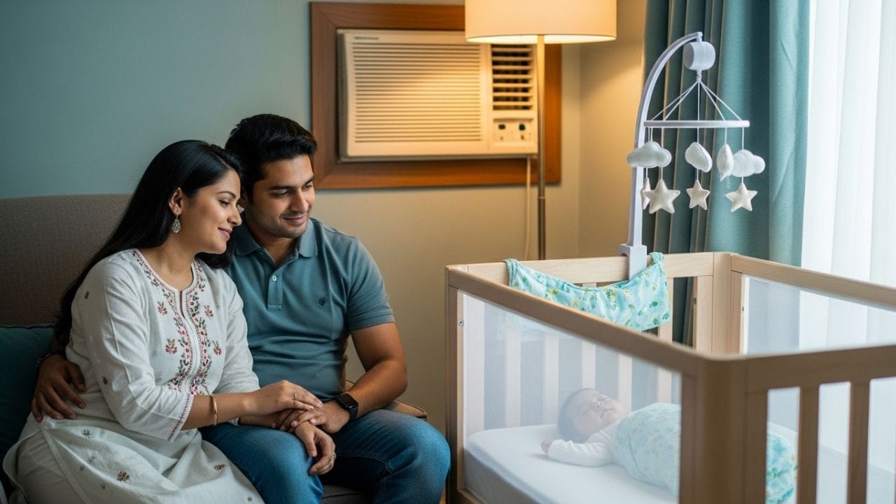 AC સાથે ફેન ચલાવવાથી ઠંડકમાં વધારો થાય છે. ફેનના મદદથી, તમે ACના લોડને ઘટાડીને વધુ કાર્યક્ષમ બનાવી શકો છો. (Image Credit Source: Whisk AI)