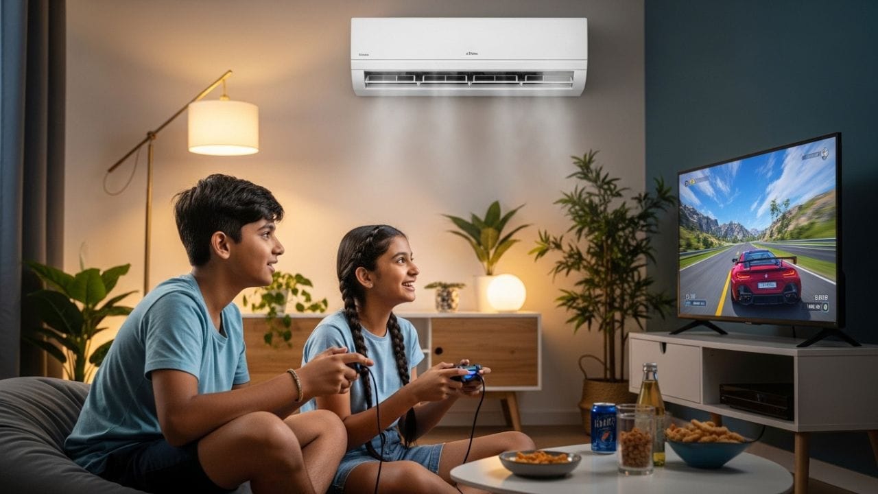 બને ત્યાં સુધી તમારું AC ની આઉટર બોડી સીધા સૂર્યકિરણોના સંપર્કમાં આવે એવી જગ્યા એ ના મૂકો. (Image Credit Source: Whisk AI)