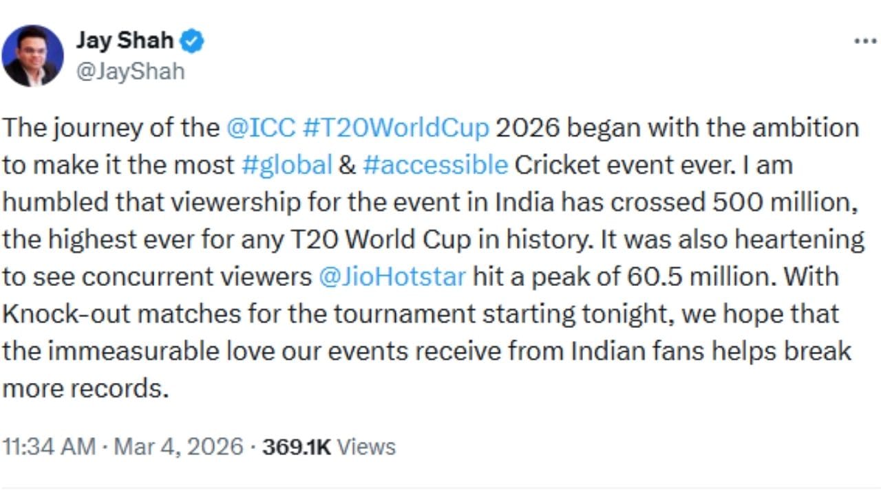 ભારતમાં આ મેગા ઇવેન્ટ માટેનો ક્રેઝ એ હકીકત પરથી અંદાજી શકાય છે કે તેની કુલ ચાહકોની સંખ્યા 500 મિલિયનના જાદુઈ આંકડાને વટાવી ગઈ છે. જય શાહે પોતાની પોસ્ટમાં ખાસ ખુશી વ્યક્ત કરી હતી કે ભારતમાં કોઈપણ T20 વર્લ્ડ કપના ઇતિહાસમાં આ સૌથી મોટી દર્શકોની સંખ્યા છે.