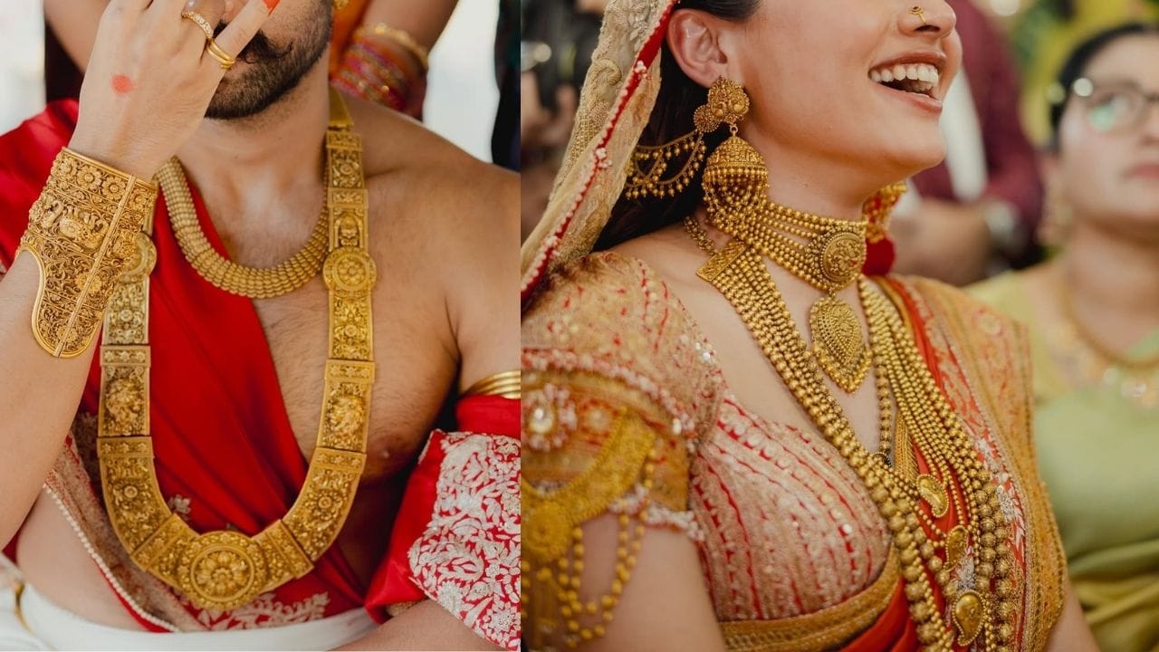  વેડિંગમાં રશ્મિકા અને વિજય ગોલ્ડન જ્વેલરીથી સજેલા હતા. માથા થી લઈ પગ સુધી જ્વેલરી પહેરી હતી.ટ્રેડિશનલ વેડિંગ આઉટફિટમાં રશ્મિકાનો ચોકર નેકલેસ,લાંબો ચેન, કમરબંધ, મંગલસૂત્ર, બંગડી,ઝુમકા પહેર્યા હતા. ઘરેણાનો વજન અંદાજે 2 કિલો જેવો હતો.