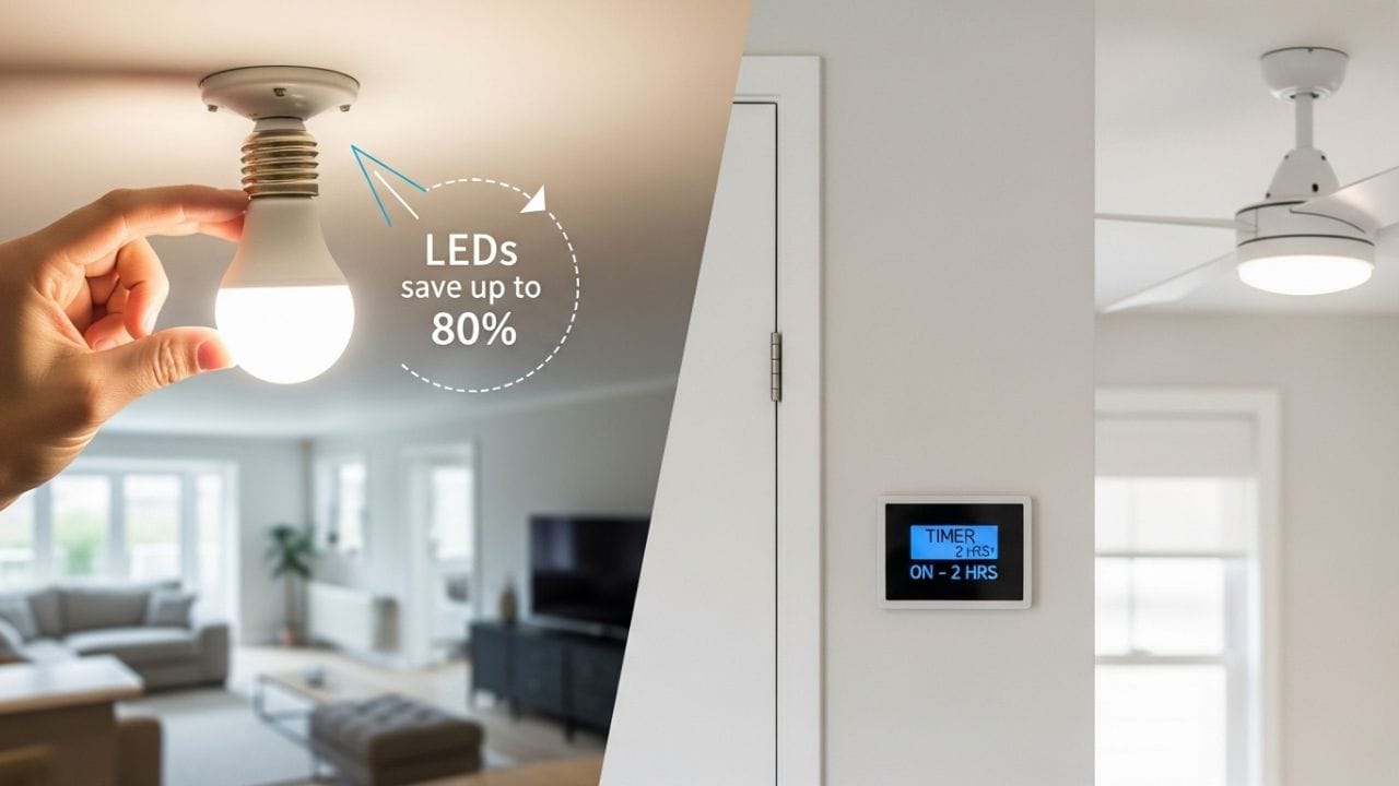 ઘરમાં જૂના બલ્બની જગ્યાએ LED લાઇટ લગાવશો તો ઘણી ઓછી વીજળી વપરાશે, કારણ કે LED લગભગ 80% સુધી બચત કરે છે. પંખાને હંમેશા વધુ ઝડપે ચલાવવાને બદલે જરૂર મુજબ ધીમા કે ટાઈમર પર રાખો. જ્યારે રૂમમાં કોઈ ન હોય ત્યારે લાઇટ બંધ રાખવાની ટેવ રાખો. કેટલાક લોકો એસી સાથે પંખો પણ ચલાવે છે, પરંતુ બંનેનો ઉપયોગ ફક્ત જરૂર હોય ત્યારે જ કરવો. આવા નાના ફેરફારો દ્વારા દર મહિને અંદાજે 300 થી 500 રૂપિયા સુધી બચાવી શકાય છે. ( Credits: AI Generated )