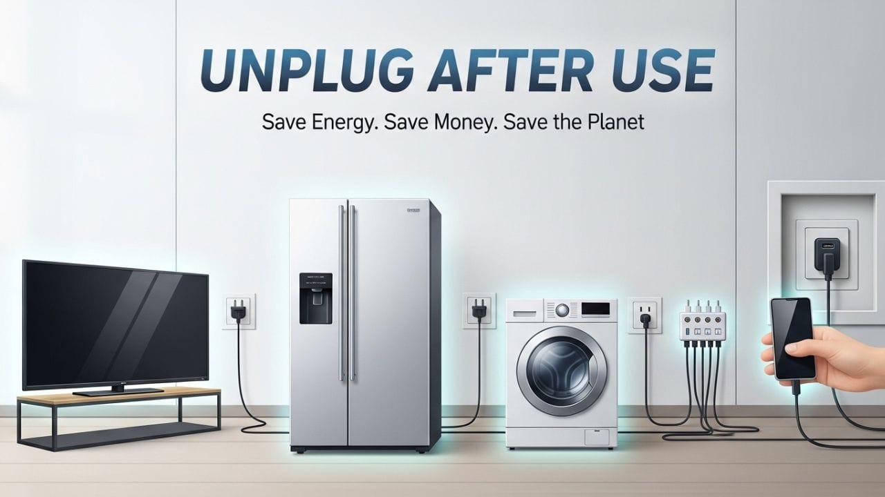 ઘરમાં ટીવી, ફ્રિજ, વોશિંગ મશીન અને મોબાઇલ ચાર્જર જેવી વસ્તુઓ ઘણીવાર સ્ટેન્ડબાય મોડમાં રહીને પણ વીજળી વાપરે છે. તેથી કામ પૂરૂં થાય પછી તેમને પ્લગમાંથી કાઢી દેવું વધુ સારું છે. ફ્રિજમાં વધારે ભરવાનું ટાળો અને તેનો દરવાજો લાંબા સમય સુધી ખુલ્લો ન રાખો. ( Credits: AI Generated )