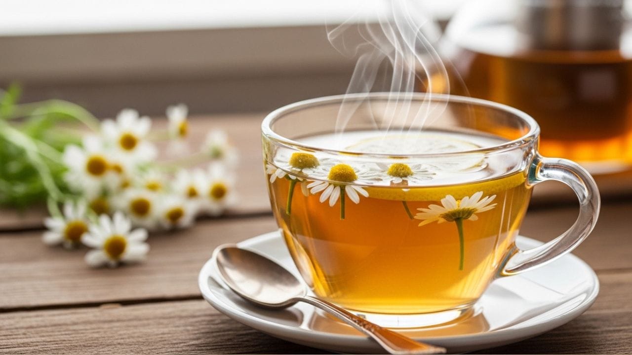 કેમોમાઈલ ચામાં એપિજેનિન નામનું એન્ટીઑકિસડન્ટ હોય છે, જે મનને શાંત કરવામાં મદદ કરે છે. તે તણાવ ઘટાડે છે અને અનિદ્રાની સમસ્યા ઓછી કરીને સારી ઊંઘ લાવવામાં મદદરૂપ બને છે. તેથી સૂતા પહેલા કેમોમાઈલ ચા પીવી લાભદાયક માનવામાં આવે છે. ( Credits: AI Generated )