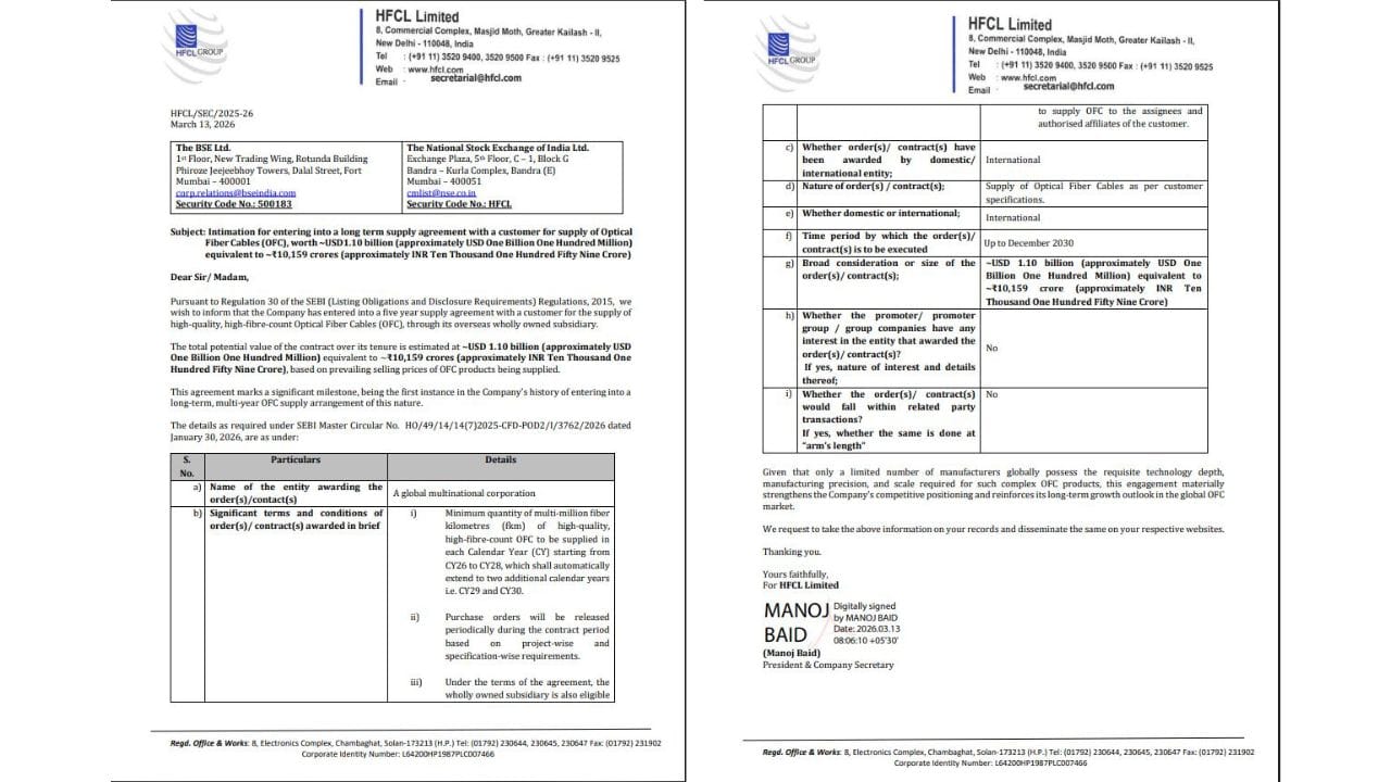 આ કરાર મુજબ દર વર્ષે મોટી માત્રામાં ફાઈબર કિલોમીટર (FKM) ઓપ્ટિકલ ફાઈબર કેબલ સપ્લાય કરવામાં આવશે. શરૂઆતમાં આ સપ્લાય CY26 થી CY28 દરમિયાન કરવામાં આવશે. જો કામગીરી સંતોષકારક રહેશે તો આ કરાર આપમેળે CY29 અને CY30 સુધી લંબાઈ શકે છે.