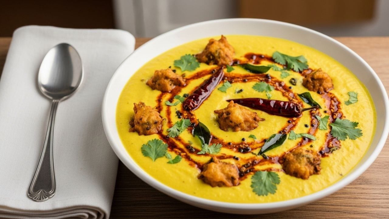 નિષ્ણાતો મુજબ “કઢી” શબ્દ સંસ્કૃતના “ક્વાથિત” શબ્દ પરથી આવ્યો છે, જેનો અર્થ લાંબા સમય સુધી ઉકાળેલી વસ્તુ થાય છે. કારણ કે કઢી બનાવતી વખતે તેને ધીમા તાપે લાંબા સમય સુધી ઉકાળવામાં આવે છે, તેથી તેને કઢી નામ આપવામાં આવ્યું છે. ( Credits: AI Generated )