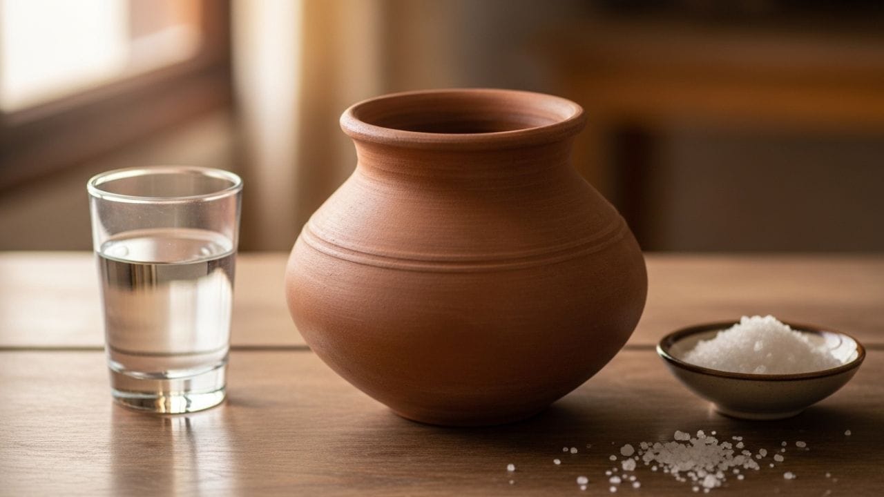 આ બાદ માટલામાં અડધો ગ્લાસ પાણી ઉમેરો અને થોડી માત્રામાં સિંધવ મીઠું નાખો, અને હાથથી બધી જ જગ્યાએ મીઠું પહોંચે તેમ ઘસી લો. આ બાદ તેને બે થી ત્રણ કલાક માટે રહેવા દો, અને પછી માટલાને સ્વચ્છ પાણીથી ધોઈ નાખો. (ફોટો ક્રેડિટ-Whisk AI)