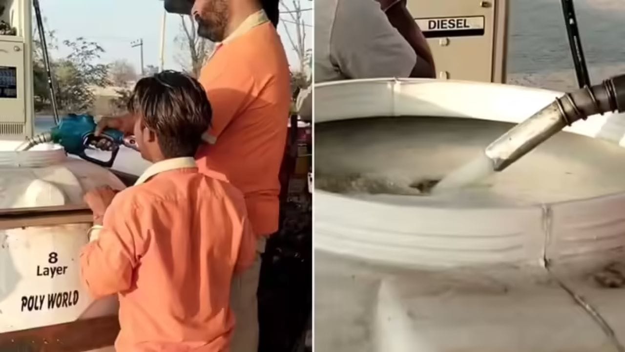 મધ્ય પૂર્વમાં ચાલી રહેલ તણાવ વચ્ચે પેટ્રોલની અછતની અફવા ફેલાતા દેશભરમાં હલચલ મચી ગઈ હતી. જોકે, આ બધા વચ્ચે, સોશિયલ મીડિયા પર ઘણા વીડિયો વાયરલ થઈ રહ્યા છે. આ વીડિયોમાં લોકો પાણીની ટાંકી, ડ્રમ અને પ્લાસ્ટિકના કન્ટેનરમાં પેટ્રોલ ભરતા જોવા મળે છે. પરંતુ પ્રશ્ન એ ઊભો થાય છે કે શું આવું કરવું કાયદાની દ્રષ્ટિએ યોગ્ય છે? ચાલો જાણીએ કે ભારતમાં આ અંગેના નિયમો શું છે. (ફોટો ક્રેડિટ-સોશિયલ મીડિયા)