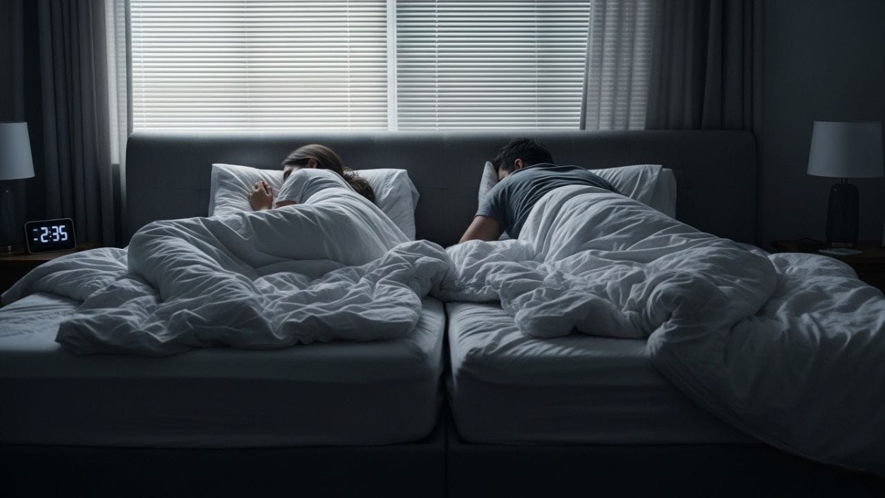 “સ્લીપ ડિવોર્સ”નો સરળ અર્થ એવો છે કે પતિ-પત્ની બંનેની સહમતિથી અલગ સૂવાનો નિર્ણય લે છે. તેઓ અલગ રૂમમાં અથવા એક જ રૂમમાં અલગ પથારીમાં સૂઈ શકે છે. આ નિર્ણય સંબંધમાં અંતર લાવવા માટે નહીં, પરંતુ સારી અને શાંતિપૂર્ણ ઊંઘ મેળવવા માટે લેવાય છે. આજકાલ લોકોની જીવનશૈલી અને સૂવાના સમય અલગ હોઈ શકે છે, જેમ કે કોઈ મોડું સૂવે તો કોઈ વહેલું, આથી સાથે સૂવાથી તણાવ વધી શકે છે, જેને ટાળવા માટે આ રીત અપનાવવામાં આવે છે. ( Credits: AI Generated )