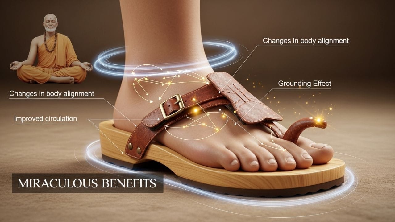 શરીર અને મન પર થતી જાદુઈ અસર: નિષ્ણાતો અને આધ્યાત્મિક ગુરુઓના મતે, ચાખડી પહેરવાથી શરીરમાં રક્ત પરિભ્રમણ (બ્લડ સર્ક્યુલેશન) સુધરે છે. તે માનસિક અને શારીરિક થાકને દૂર કરવામાં મદદરૂપ થાય છે. લાકડાની આ ચાખડી પર ચાલવાથી પાચનક્રિયા તેજ બને છે અને કરોડરજ્જુ (સ્પાઈનલ કોર્ડ) સીધી રહે છે, જે શરીરના સંતુલન માટે અત્યંત જરૂરી છે. લાકડું વીજળીનું અવાહક હોવાથી, તે શરીરની સકારાત્મક ઉર્જાને જમીનમાં જતા અટકાવે છે અને નકારાત્મક ઉર્જાથી બચાવે છે.