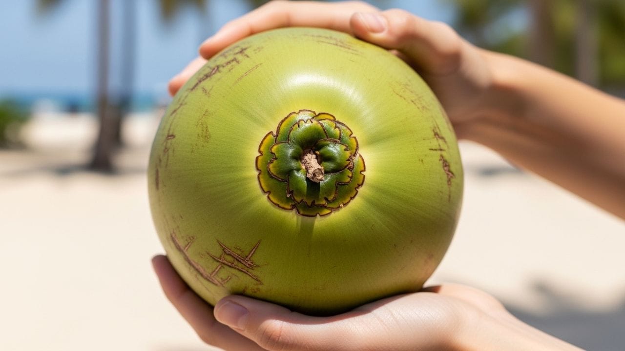 ડંઠલ અને તાજગી: નારિયેળના ઉપરના ભાગે જ્યાં ડંઠલ હોય ત્યાં જો ઊંડો ખાડો દેખાય અને આસપાસનો ભાગ લીલો હોય તો તે તાજું છે. જો ત્યાં કોઈ કાણું કે કાળાશ દેખાય તો તે અંદરથી સડેલું હોઈ શકે છે.