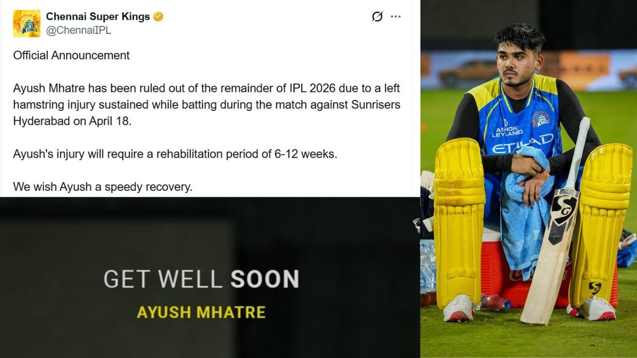 CSK ફ્રેન્ચાઈઝીએ સત્તાવાર નિવેદનમાં જણાવ્યું છે કે આયુષ મ્હાત્રે ને 18 એપ્રિલે સનરાઈઝર્સ હૈદરાબાદ સામેની મેચ દરમિયાન ડાબા હેમસ્ટ્રિંગમાં ઈજા થઈ હતી. આ ઈજાને કારણે તે હવે બાકીની સિઝનમાં ભાગ લઈ શકશે નહીં.
