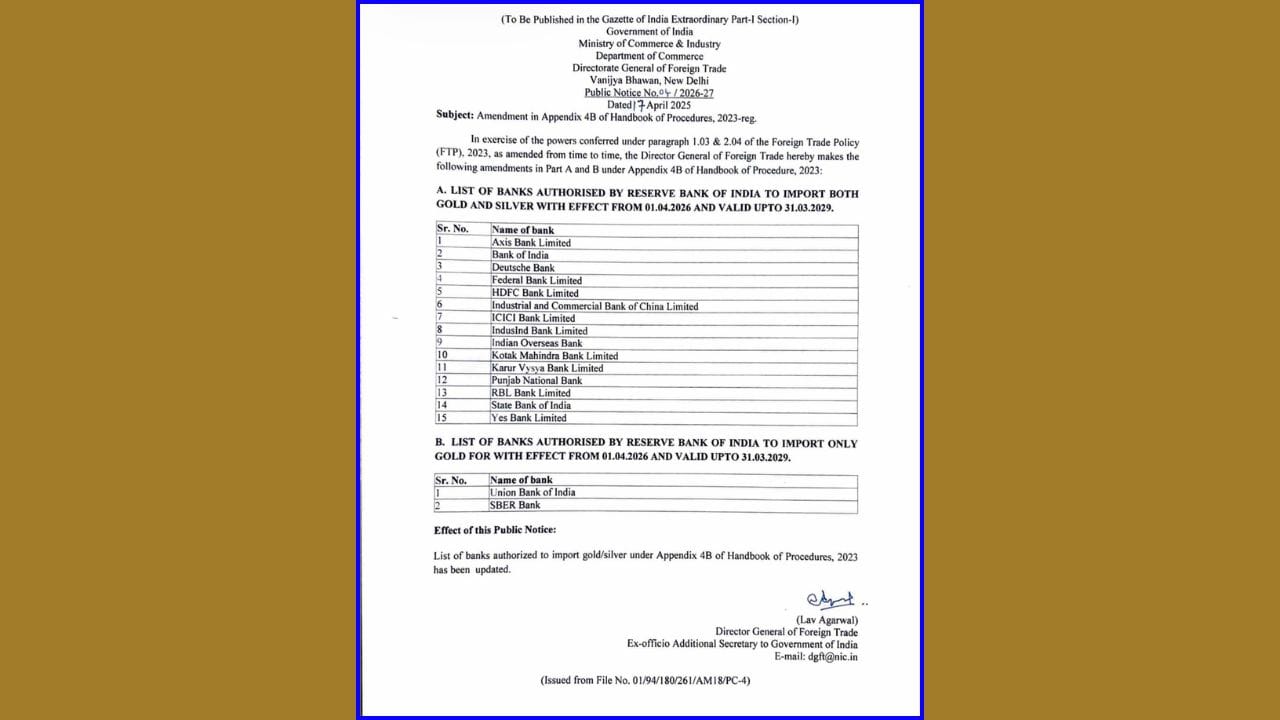ડાયરેક્ટરેટ જનરલ ઓફ ફોરેન ટ્રેડ (DGFT)ની સૂચના મુજબ, RBI દ્વારા અધિકૃત 15 બેંક હવે ગોલ્ડ અને સિલ્વર બંનેની આયાત કરી શકશે. આમાં Axis Bank, ICICI Bank, HDFC Bank, SBI અને Yes Bank જેવા મોટા નામો છે. આ ઉપરાંત Union Bank of India અને SBER Bank ને માત્ર ગોલ્ડ ઈમ્પોર્ટની જ મંજૂરી આપવામાં આવી છે. આ સુધારો 'ફોરેન ટ્રેડ પોલિસી 2023' હેઠળ Appendix 4B માં કરવામાં આવ્યો છે.