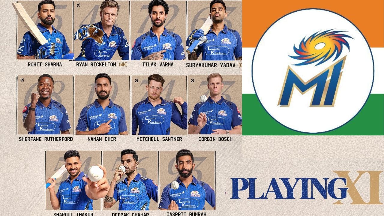 MI પ્લેઈંગ ઈલેવન: સૂર્યકુમાર યાદવ (કેપ્ટન), રોહિત શર્મા, રેયાન રિકલ્ટન (વિકેટકીપર), તિલક વર્મા, નમન ધીર, શેરફેન રધરફોર્ડ, મિશેલ સેન્ટનર, કોર્બિન બોશ, શાર્દુલ ઠાકુર, દીપક ચહર, જસપ્રિત બુમરાહ. (PC:PTI/X/MI/DC)