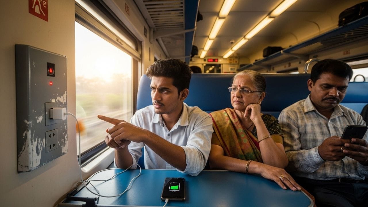 ટ્રેનના દરેક કોચમાં મુસાફરો માટે ચાર્જિંગ પોઈન્ટની સુવિધા આપવામાં આવે છે. દરેક સીટ નજીક અલગ પોઈન્ટ હોય છે, જેથી તમે તમારો મોબાઈલ, લેપટોપ અથવા અન્ય ઇલેક્ટ્રોનિક ઉપકરણ સહેલાઈથી ચાર્જ કરી શકો. પરંતુ ઘણા લોકોને ખબર નથી કે આ ચાર્જિંગ પોઈન્ટ આખો દિવસ ચાલુ રહેતા નથી. સામાન્ય રીતે, તે રાત્રે લગભગ 11 વાગ્યે બંધ કરી દેવામાં આવે છે અને પછી સવારે લગભગ 5 વાગ્યે ફરી ચાલુ કરવામાં આવે છે. ( Credits: AI Generated )