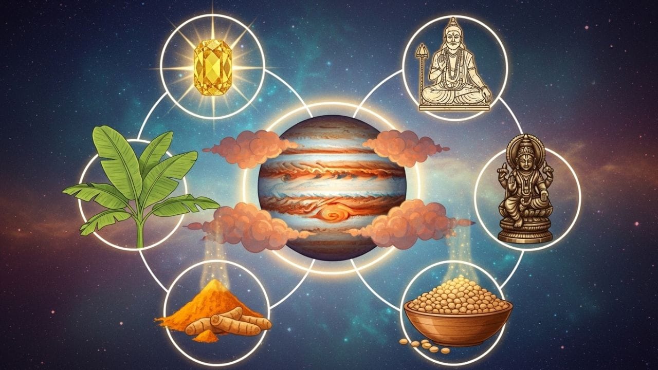 ગુરુ (બૃહસ્પતિ) માટે: પીપળો અને કેળ: બૃહસ્પતિ જ્ઞાન અને સમૃદ્ધિના કારક છે. આર્થિક સ્થિરતા અને વૈવાહિક સુખ માટે ગુરુવારે પીપળા કે કેળના વૃક્ષનું પૂજન કરવાથી દરિદ્રતાનો નાશ થાય છે.